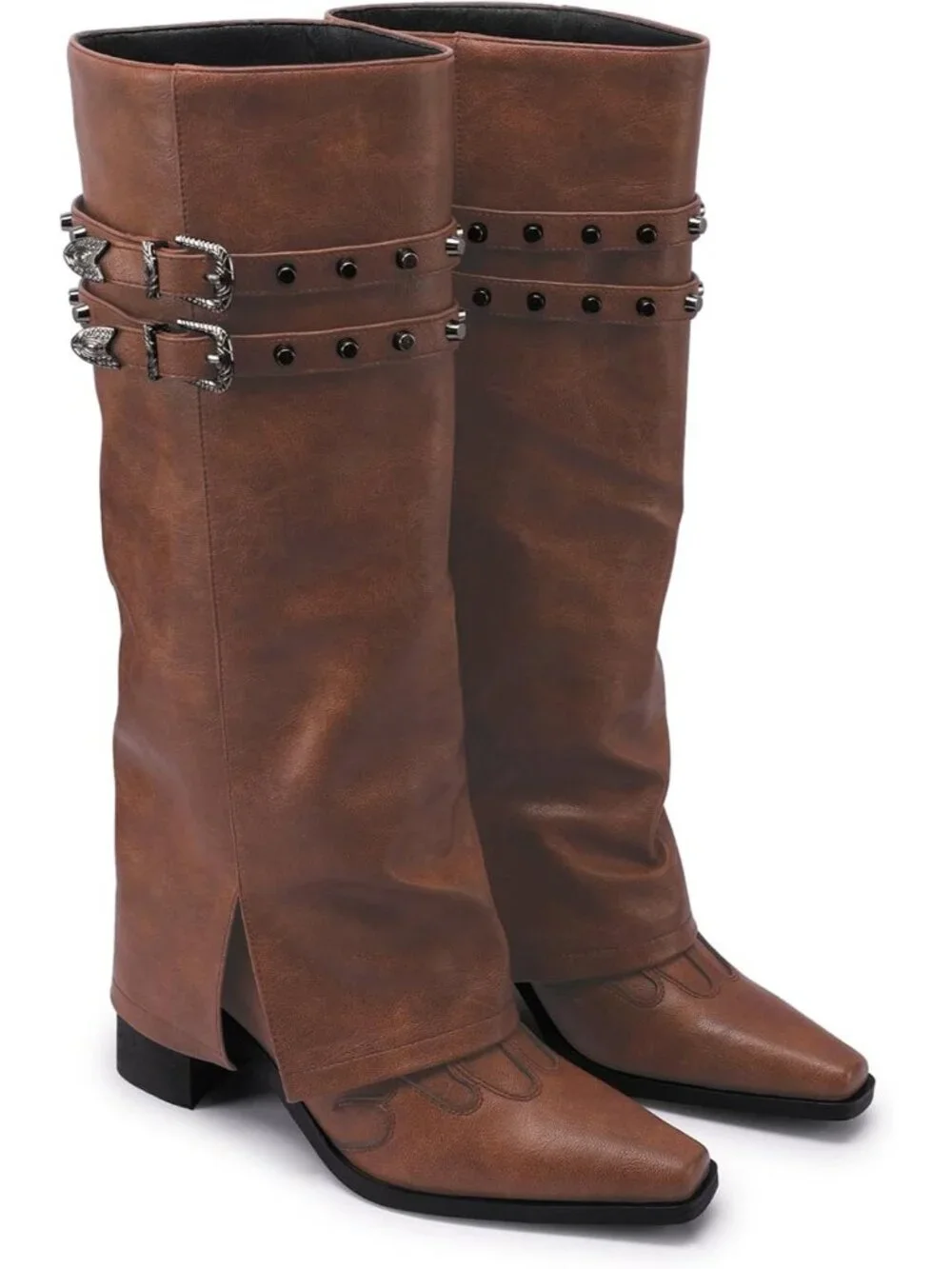 Women's Brown Pointed Toe Block Mid Heel Fold Over Wide Calf Knee High Boots